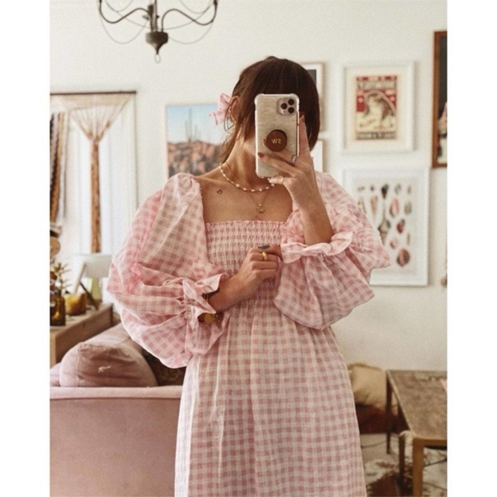 SLEEPER Pink Gingham Linen Dress Sz Small